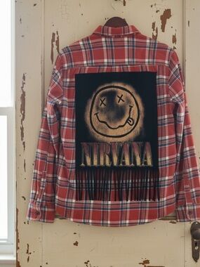 NIRVANA Upcycled Band T Shirt Flannel Top Fringe Boyfriend Grunge
